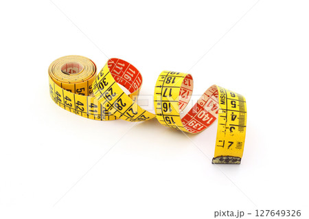Yellow Measuring tape for tool roulette or ruler. Tape measure template in centimeters 127649326