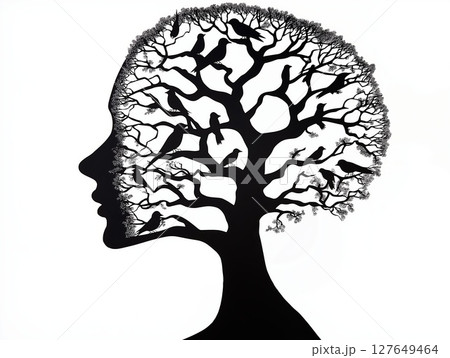 Creative silhouette of a woman's profile with a tree design and birds perched on branches 127649464
