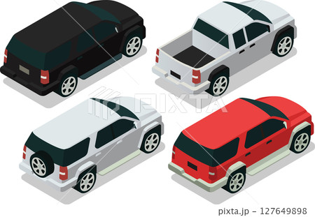 Isometric family car, SUV, pickup truck 127649898
