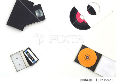 Vinyl record, cd, audio and video cassettes top view Vinyl record, cd, audio and video cassettes top view 127649921