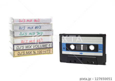 Retro audio cassette tape from the 80s and 90s on a white background. Retro audio cassette tape from the 80s and 90s on a white background. 127650051