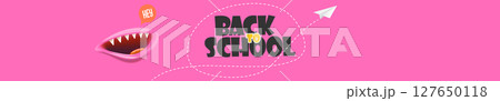 Back to School Cartoon Banner Vector Adorable Pink Monster Character with Open Mouth and Paper Plane, Ideal for Educational Promotions and Kids Events 127650118