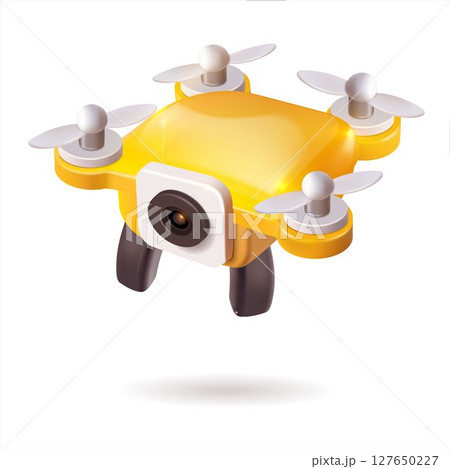 A yellow drone equipped with a camera is currently flying high in the air in the style of 3D realism, cartoon design, 3D plastic with glossy highlights 127650227