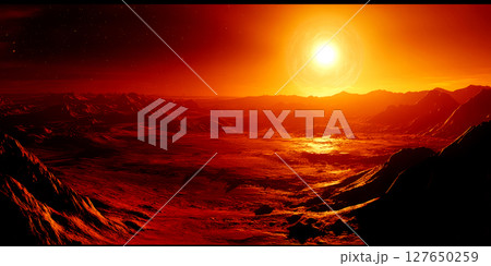A vibrant sunset bathes the Martian landscape in orange hues, revealing mountains and a vast, red terrain under a starry sky 127650259