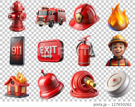 Firefighting equipment and fire safety 3d icons, extinguisher, hose, and alarm set 127650262