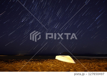 A view of the stars of the Milky Way with a mountain top in the foreground.Perseid Meteor Shower observation 127650497