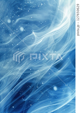 Abstract Winter Wind Patterns in Icy Blue: Flowing Lines and Snowflakes for Holiday Print Design 127650629