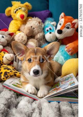 Adorable Corgi Puppy with Storybook and Plush Toys in Cozy Indoor Setting 127650760