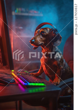 Dachshund Gamer with Headset and RGB Keyboard at Desktop Computer 127650817