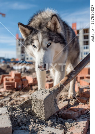 Siberian Husky Mixing Cement at Construction Site with Bricks and Building Frames 127650827