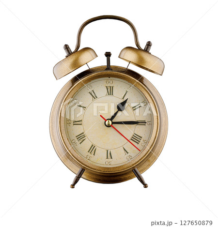 alarm clock, vintage clock with time 01 hours 15 minutes, a.m. 01:15, p.m. 01:15, on isolated white background 127650879