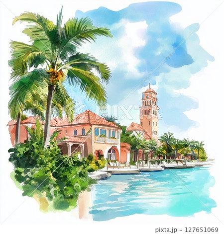 Nassau. Nassau hand drawn watercolor illustration Nassau. Nassau hand drawn watercolor illustration 127651069