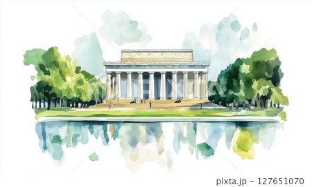 National Mall and Lincoln Memorial. National Mall and Lincoln Memorial hand drawn watercolor illustration National Mall and Lincoln Memorial. National Mall and Lincoln Memorial hand drawn watercolor illustration 127651070