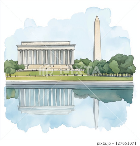 National Mall and Lincoln Memorial. National Mall and Lincoln Memorial hand drawn watercolor illustration 127651071