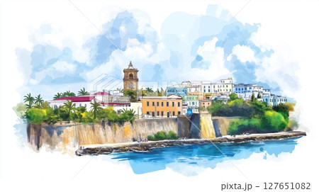 Old San Juan. Old San Juan hand drawn watercolor illustration Old San Juan. Old San Juan hand drawn watercolor illustration 127651082