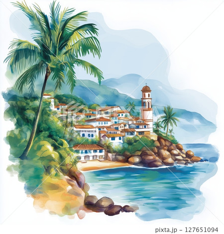 Puerto Vallarta. Puerto Vallarta hand drawn watercolor illustration 127651094