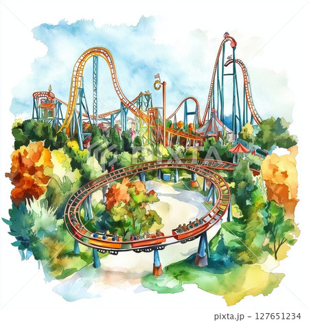 Six Flags Great Adventure. Six Flags Great Adventure hand drawn watercolor illustration Six Flags Great Adventure. Six Flags Great Adventure hand drawn watercolor illustration 127651234
