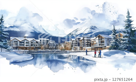 Whistler Blackcomb. Whistler Blackcomb hand drawn watercolor illustration Whistler Blackcomb. Whistler Blackcomb hand drawn watercolor illustration 127651264