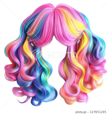Vibrant multicolored wavy hair with accessories isolated on a white background 127651285