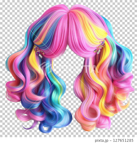 Vibrant multicolored wavy hair with accessories isolated on a white background 127651285