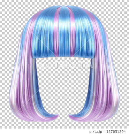 Vibrant blue and pink wig with straight cut and colorful highlights 127651294
