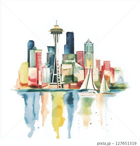 Seattle. Seattle hand drawn watercolor illustration 127651319