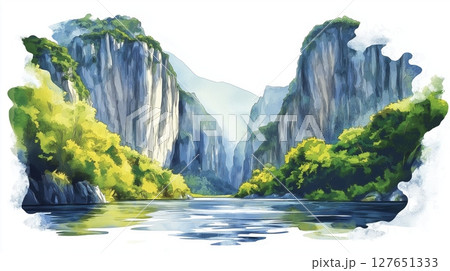 Sumidero Canyon National Park. Sumidero Canyon National Park hand drawn watercolor illustration 127651333