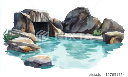 The Baths in Virgin Gorda. The Baths in Virgin Gorda hand drawn watercolor illustration 127651334