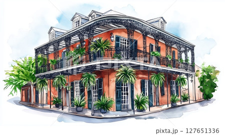 The French Quarter. The French Quarter hand drawn watercolor illustration 127651336