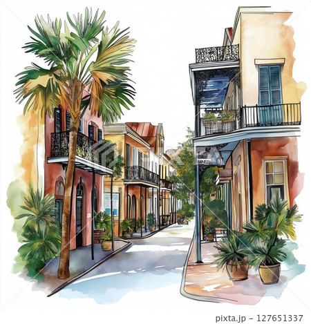 The French Quarter. The French Quarter hand drawn watercolor illustration 127651337