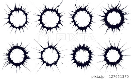 Various black ink splatters in circular shapes with dynamic edges on isolated background Various black ink splatters in circular shapes with dynamic edges on isolated background 127651370
