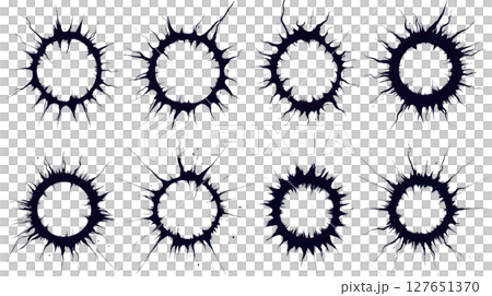 Various black ink splatters in circular shapes with dynamic edges on isolated background Various black ink splatters in circular shapes with dynamic edges on isolated background 127651370