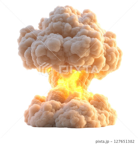 Explosive cloud formation rises dramatically after a detonation event in a clear sky at sunset 127651382
