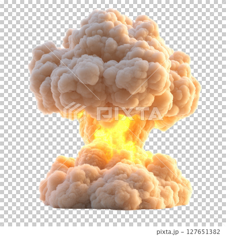 Explosive cloud formation rises dramatically after a detonation event in a clear sky at sunset 127651382