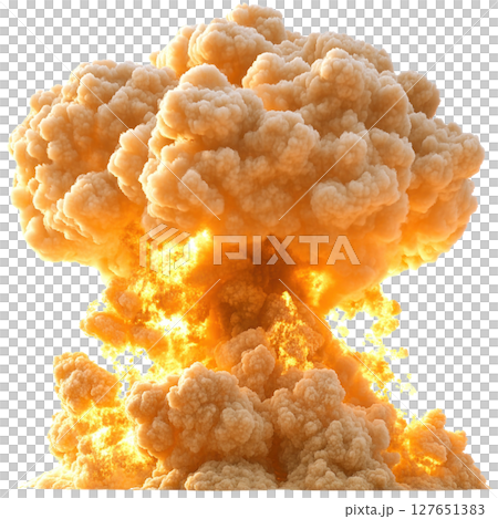 Explosion in a cloudy sky creating a fiery orange and yellow mushroom cloud 127651383