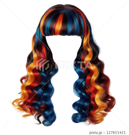 Vibrant long hair wig with wavy layers in striking red, blue, and orange tones for creative styling 127651421
