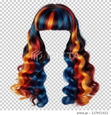 Vibrant long hair wig with wavy layers in striking red, blue, and orange tones for creative styling 127651421