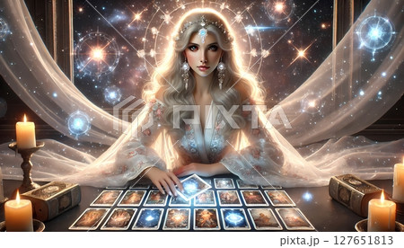 宇宙を背景に神秘的な姿をした美しいタロット占い師 127651813