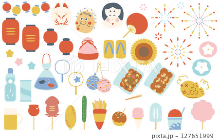 夏祭りや縁日をイメージした、キュートなお祭りイラストセット 夏祭りや縁日をイメージした、キュートなお祭りイラストセット 127651999