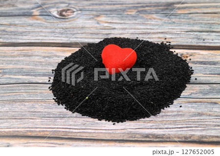 Black cumin seeds and essential oil with bowl and wooden shovel or spoon. Nigella Sativa in glass bottle. Organic herbal medicine for many diseases Black cumin seeds and essential oil with bowl and wooden shovel or spoon. Nigella Sativa in glass bottle. Organic herbal medicine for many diseases 127652005