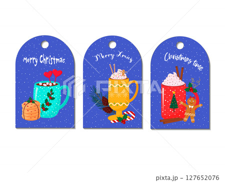 Collection of Christmas gift tags. Illustration of New Year mugs with festive drinks and holiday attributes. Cookies, gingerbread men, candy cane, fir branch with cones. Holiday labels for gifts Collection of Christmas gift tags. Illustration of New Year mugs with festive drinks and holiday attributes. Cookies, gingerbread men, candy cane, fir branch with cones. Holiday labels for gifts 127652076