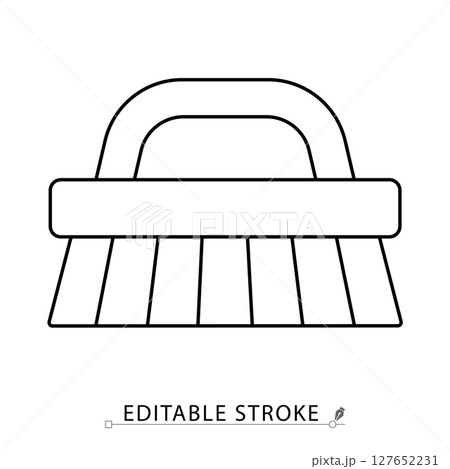 Cleaning brush icon with handle in simple linear style. Symbol of cleanliness, surface scrubbing, domestic chores and sanitation tools. Editable stroke. 127652231