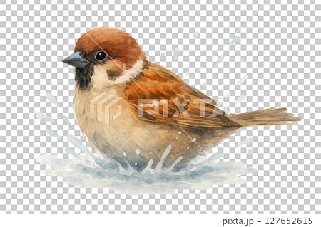 麻雀在水中沐浴的水彩插圖 127652615