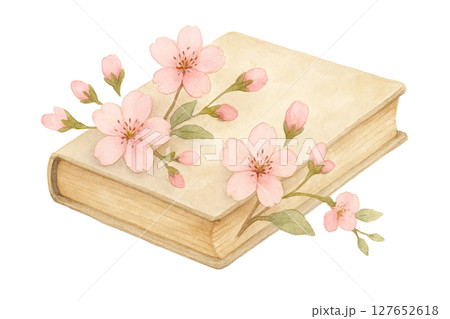 水彩風イラスト　桜と古書 127652618