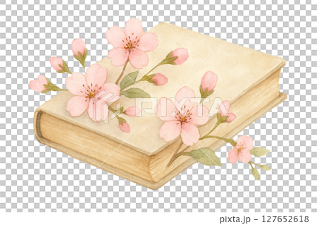 水彩風イラスト　桜と古書 127652618