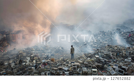電子廃棄物の山と有毒な煙の中に立つ男性 電子廃棄物の山と有毒な煙の中に立つ男性 127652882