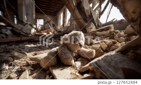 瓦礫の中に残されたテディベアが語る戦争 127652884