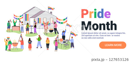 Pride month celebration diverse people rainbow flags outdoor gathering barbecue house decorations festive community event website banner 127653126