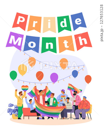 Pride month celebration diverse group holding rainbow flags balloons festive decorations indoor party scene colorful background Pride month celebration diverse group holding rainbow flags balloons festive decorations indoor party scene colorful background 127653128