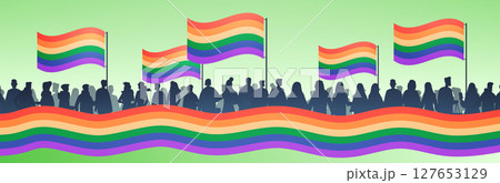 Pride parade LGBTQ community celebration rainbow flags diverse crowd silhouettes festive outdoor event green background website banner 127653129